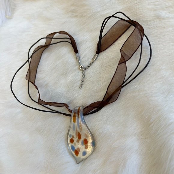 BEautiful Blue Brown Dot Dichroic Fused Glass Pendant 19" Necklace 12532 - Picture 6 of 8